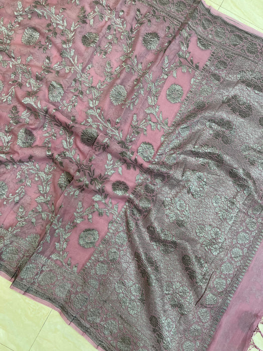 Light pink Khaddi Georgette Banarasi Saree -  Antique zari