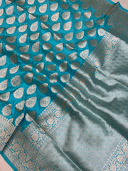 Aqua Blue Pure Katan Silk Banarasi Handloom Saree - All over Jaal work - The Handlooms