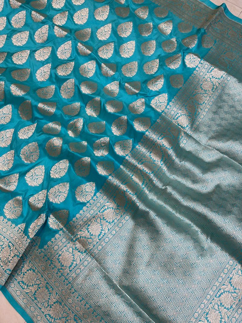 Aqua Blue Pure Katan Silk Banarasi Handloom Saree - All over Jaal work - The Handlooms