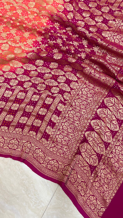 Pure Georgette Banarasi Bandhej Handloom Dupatta - Dual Shade - The Handlooms