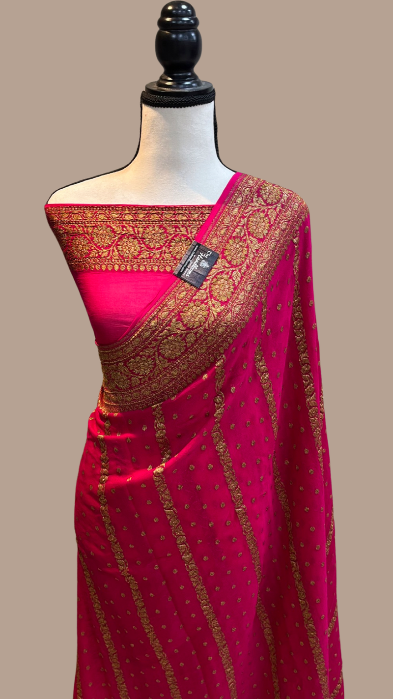 Hot Pink Khaddi Georgette Banarasi Saree -  Antique zari - The Handlooms