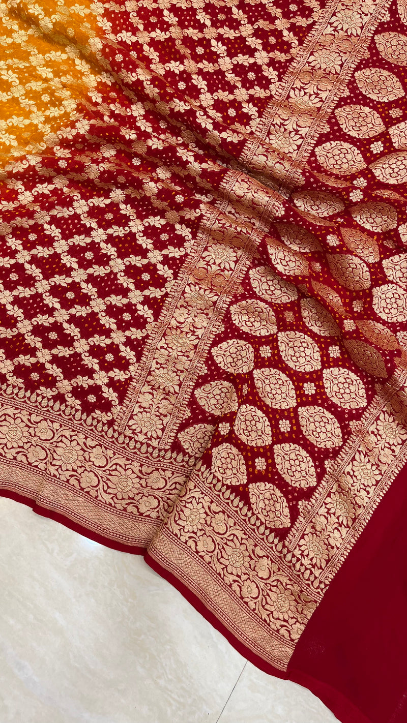 Pure Georgette Banarasi Bandhej Handloom Dupatta - Dual Shade - The Handlooms