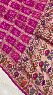 Pure Georgette Banarasi Bandhej Handloom Saree - with meenakari work - The Handlooms