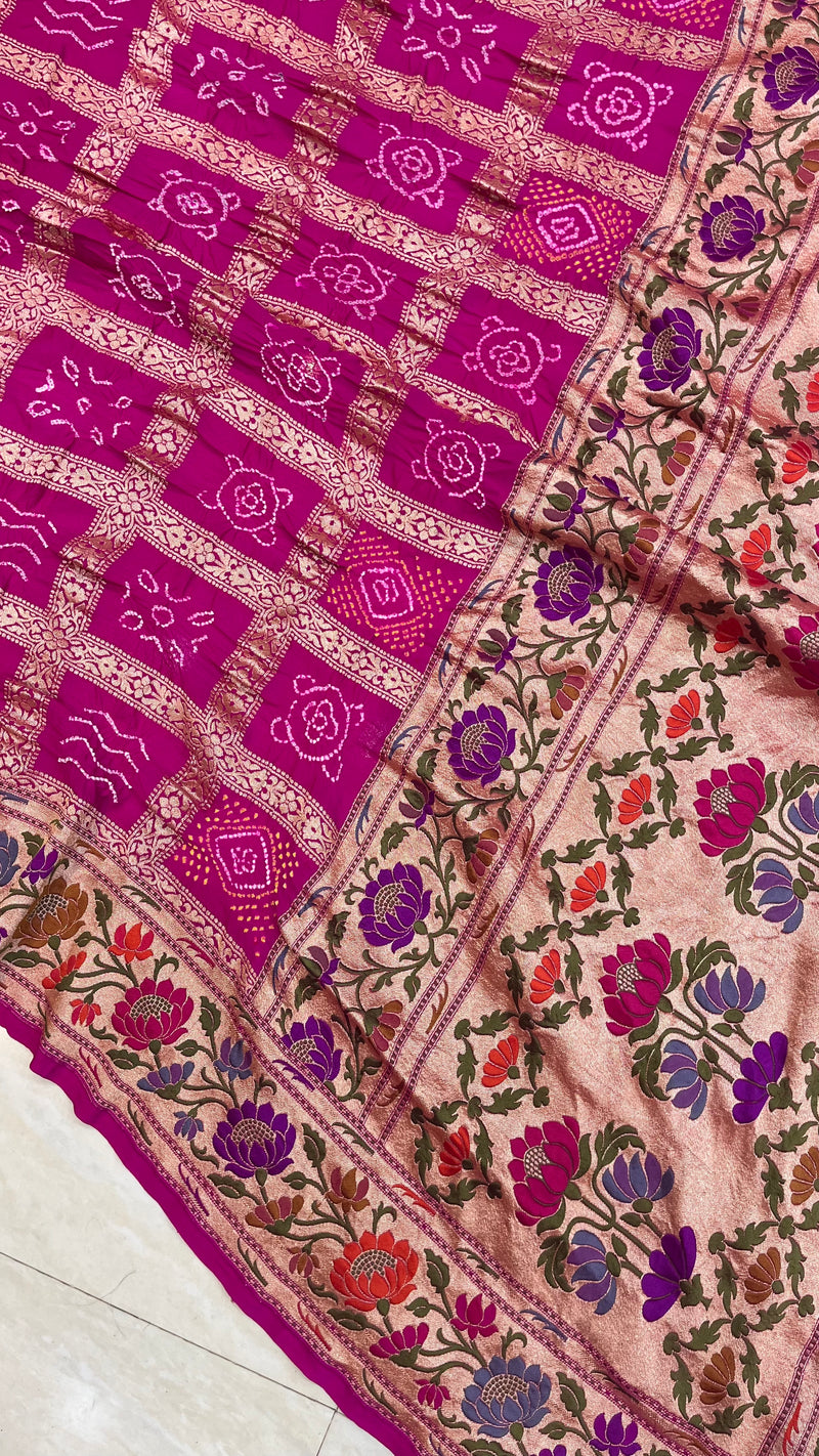 Pure Georgette Banarasi Bandhej Handloom Saree - with meenakari work - The Handlooms