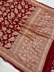 Khaddi Georgette Handloom Banarasi Saree - Gold Zari - The Handlooms
