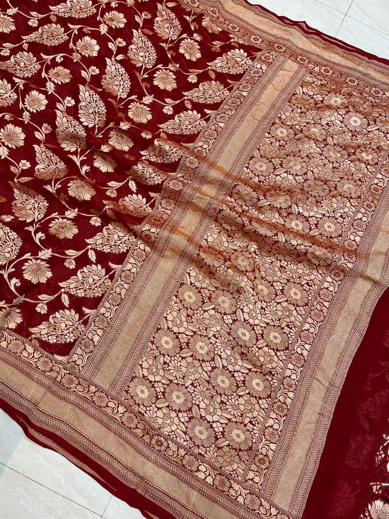 Khaddi Georgette Handloom Banarasi Saree - Gold Zari - The Handlooms