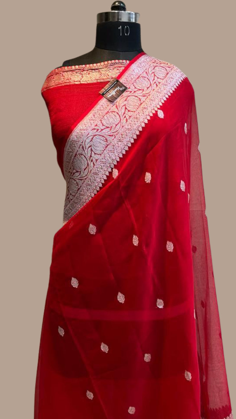 Red Pure Georgette Handloom Banarasi Saree - The Handlooms