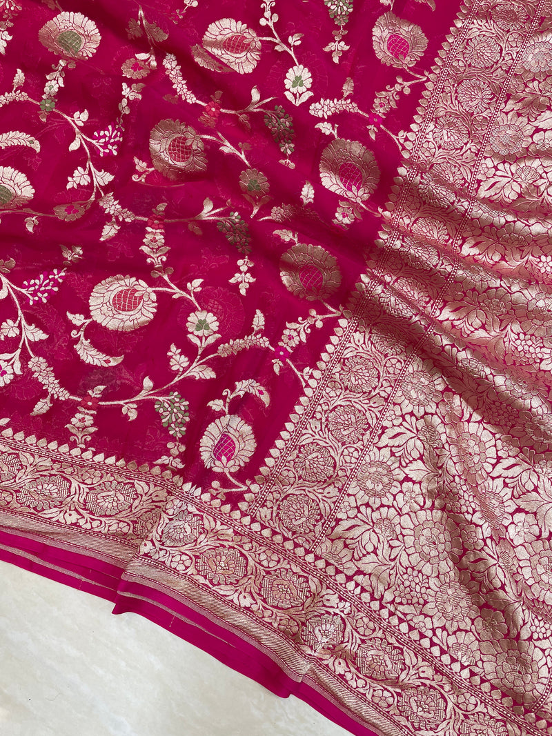 Khaddi Georgette Handloom Banarasi Saree - All over Jaal Work with meenakari - The Handlooms