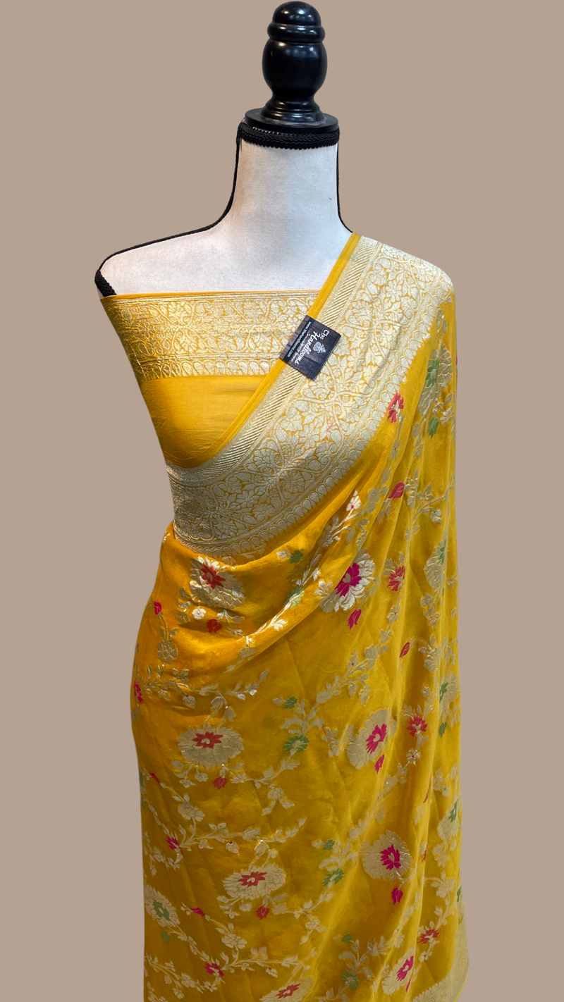 Khaddi Georgette Handloom Banarasi Saree - All over Jaal Work with meenakari - The Handlooms