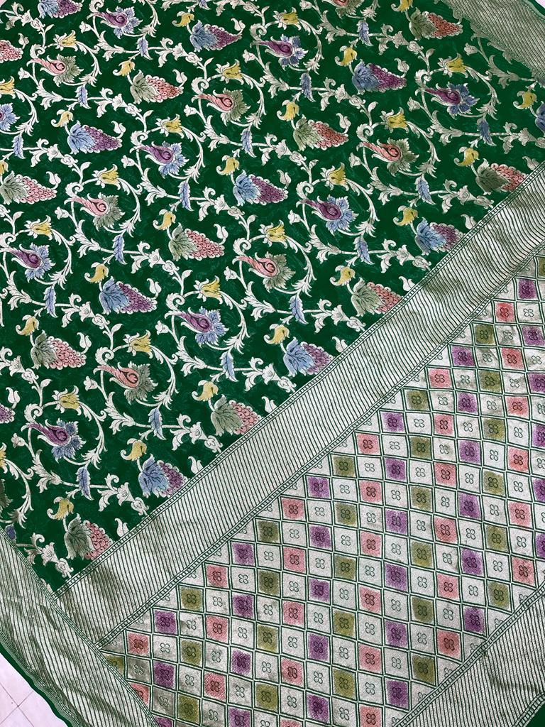 Green Khaddi Georgette Handloom Banarasi Saree - The Handlooms