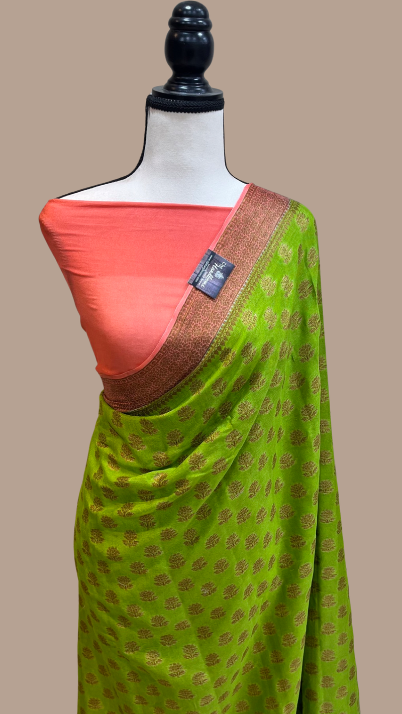 Lime Green Pure Chiffon Khaddi Banarasi Saree - The Handlooms