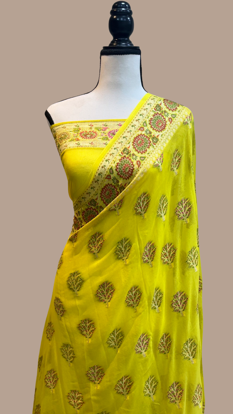 Yellow Pure Chiffon Khaddi Banarasi Saree - The Handlooms