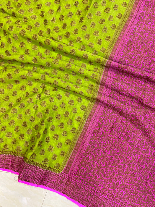Lime Green Pure Chiffon Khaddi Banarasi Saree - The Handlooms