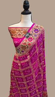 Pure Georgette Banarasi Bandhej Handloom Saree - with meenakari work - The Handlooms