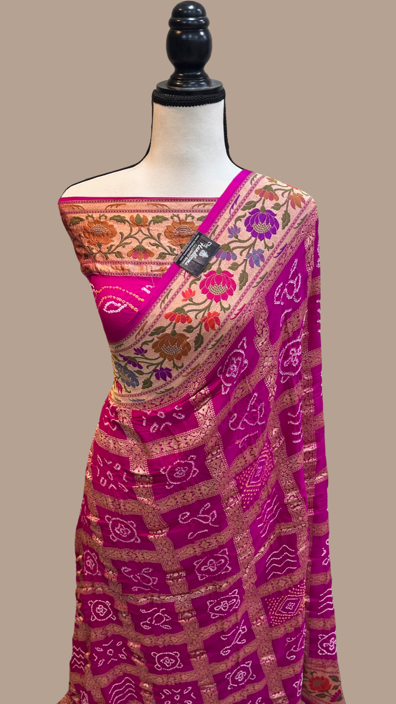 Pure Georgette Banarasi Bandhej Handloom Saree - with meenakari work - The Handlooms