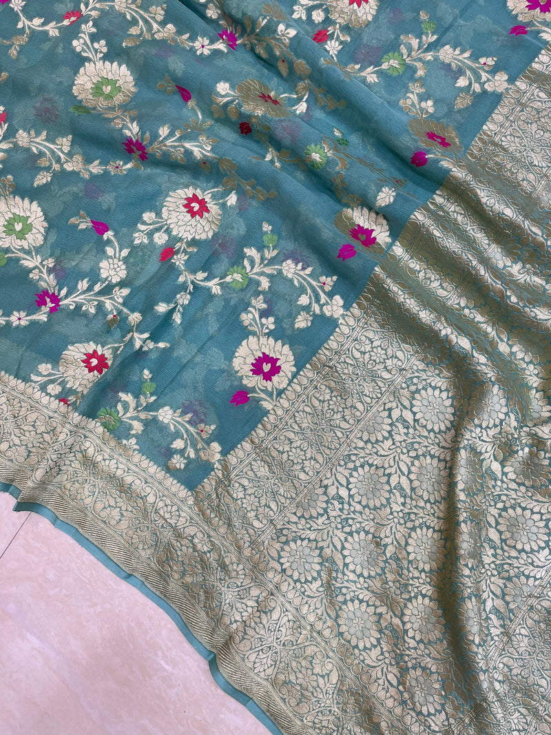 Khaddi Georgette Handloom Banarasi Saree - All over Jaal Work with meenakari - The Handlooms