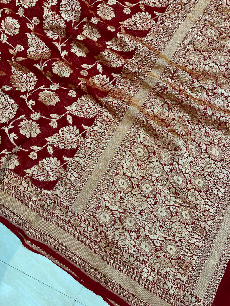 Khaddi Georgette Handloom Banarasi Saree - Gold Zari - The Handlooms