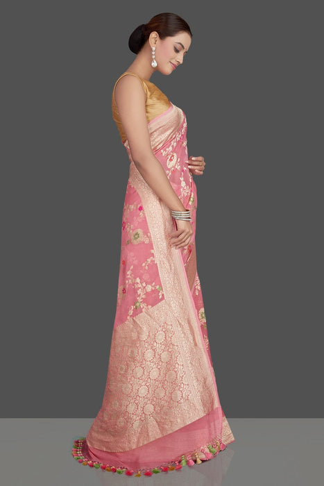 Pink Khaddi Georgette Handloom Banarasi Saree - All over jaal work with meenakari - The Handlooms