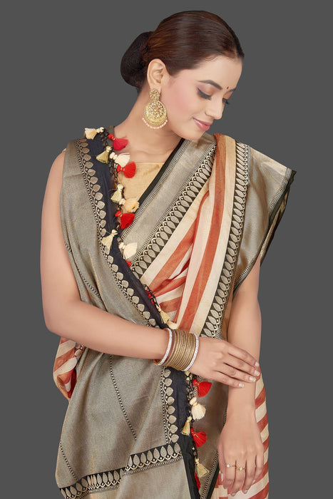 Pure Tissue Reshmi zari Stripe Banarasi Saree - The Handlooms