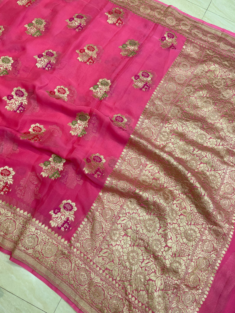 Khaddi Georgette Handloom Banarasi Saree - All Over Jaal Work with meenakari - The Handlooms