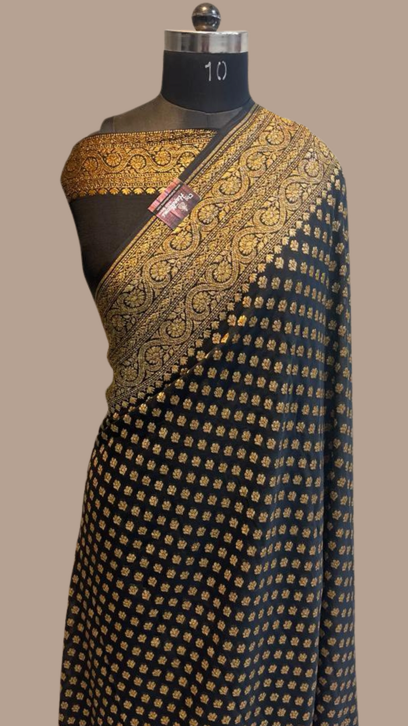 Black Khaddi Georgette Banarasi Saree -  Antique zari - The Handlooms