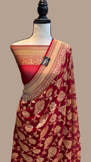 Khaddi Georgette Handloom Banarasi Saree - Gold Zari - The Handlooms