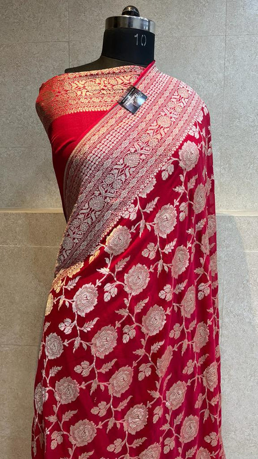 Red Khaddi Georgette Handloom Banarasi Saree - The Handlooms