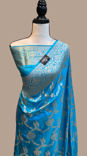 Sky Blue Pure Katan Silk Banarasi Handloom Saree - All over Jaal work - The Handlooms