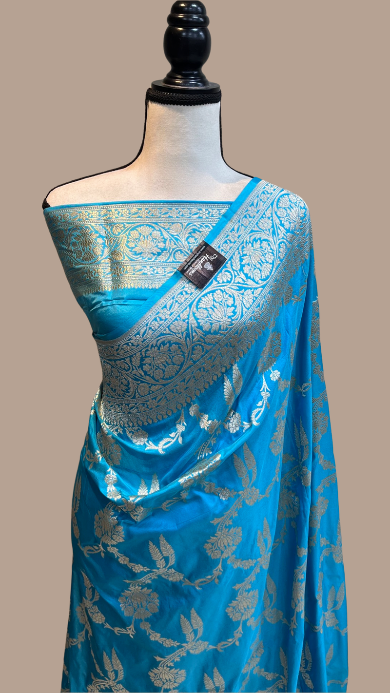 Sky Blue Pure Katan Silk Banarasi Handloom Saree - All over Jaal work - The Handlooms