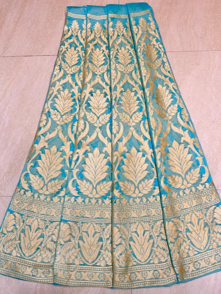 Aqua Blue Pure Khaddi Georgette Handloom Banarasi Lehenga - Stitched - The Handlooms