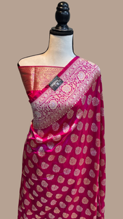 Hot Pink Pure Katan Silk Banarasi Handloom Saree - All over Sona Roopa work - The Handlooms