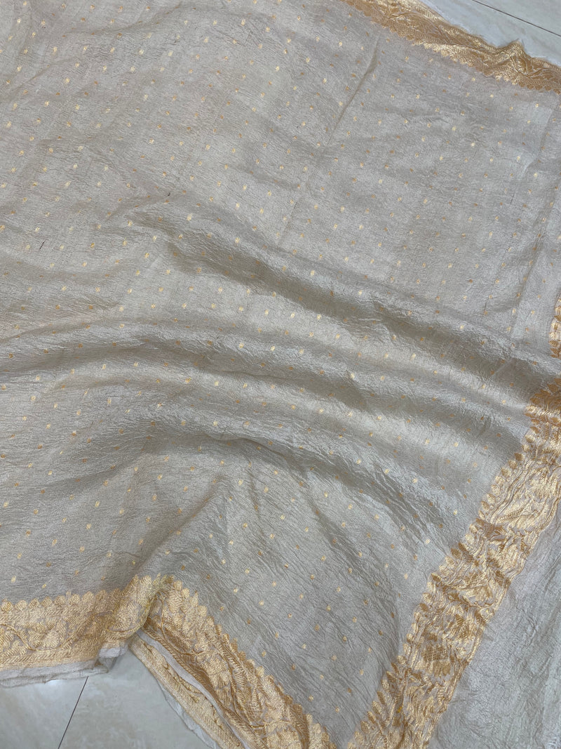 Pure Tussar Georgette Handwoven Dupatta -Gold zari - The Handlooms