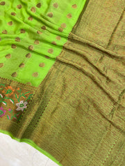 Lime Green Pure Chiffon Khaddi Banarasi Saree - The Handlooms