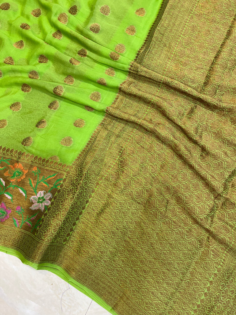Lime Green Pure Chiffon Khaddi Banarasi Saree - The Handlooms