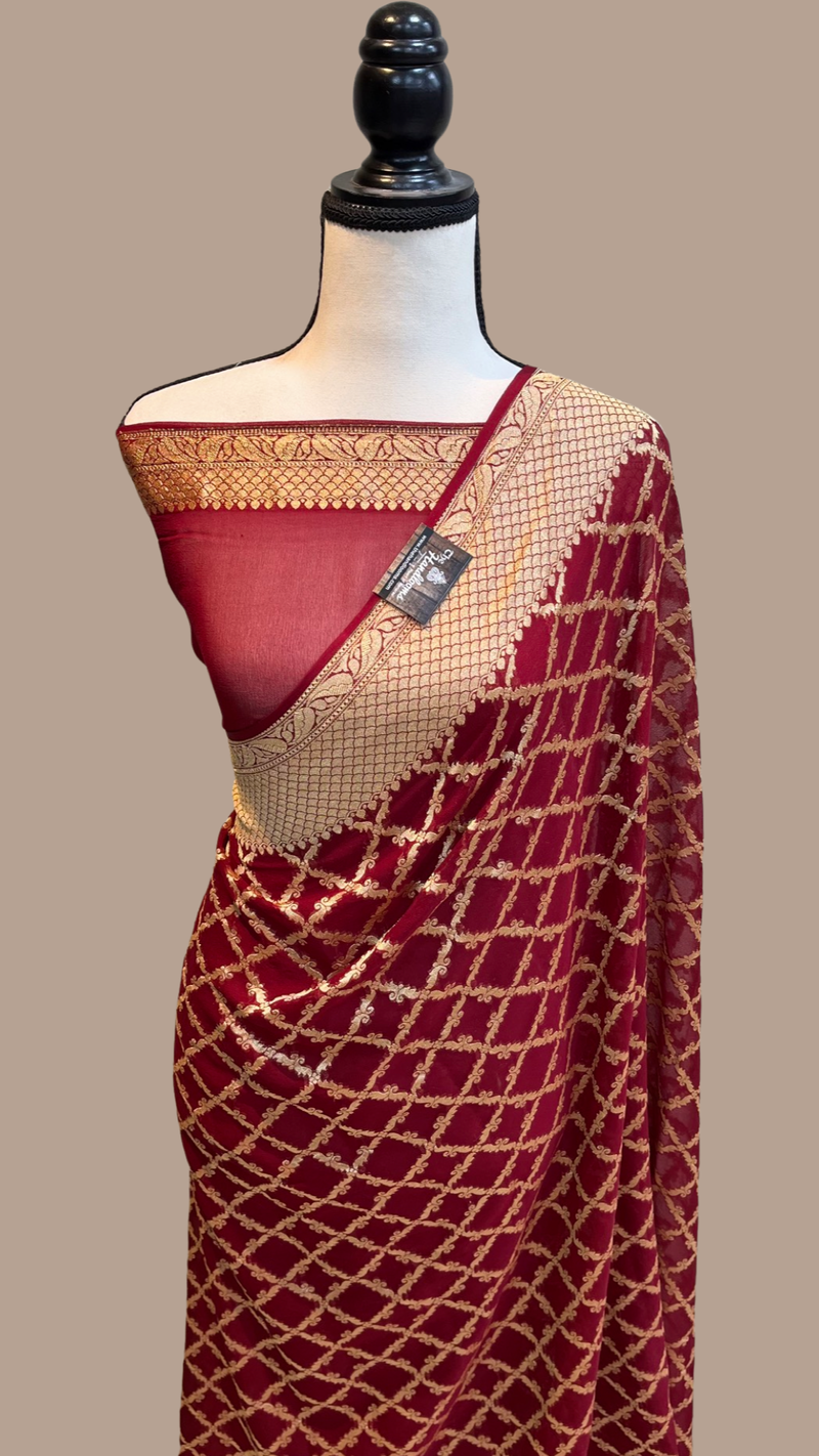 Khaddi Georgette Handloom Banarasi Saree - Gold Zari - The Handlooms