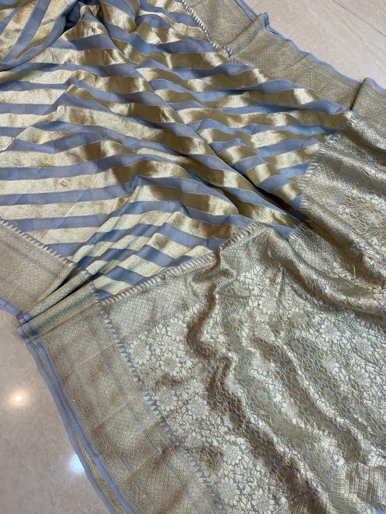 Grey Khaddi Georgette Handloom Banarasi Saree - The Handlooms