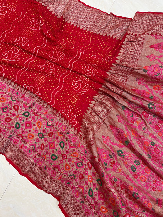 Pure Georgette Banarasi Bandhej Handloom Saree - with meenakari work - The Handlooms