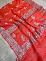 Peach Pure Georgette Banarasi Handloom Saree - The Handlooms