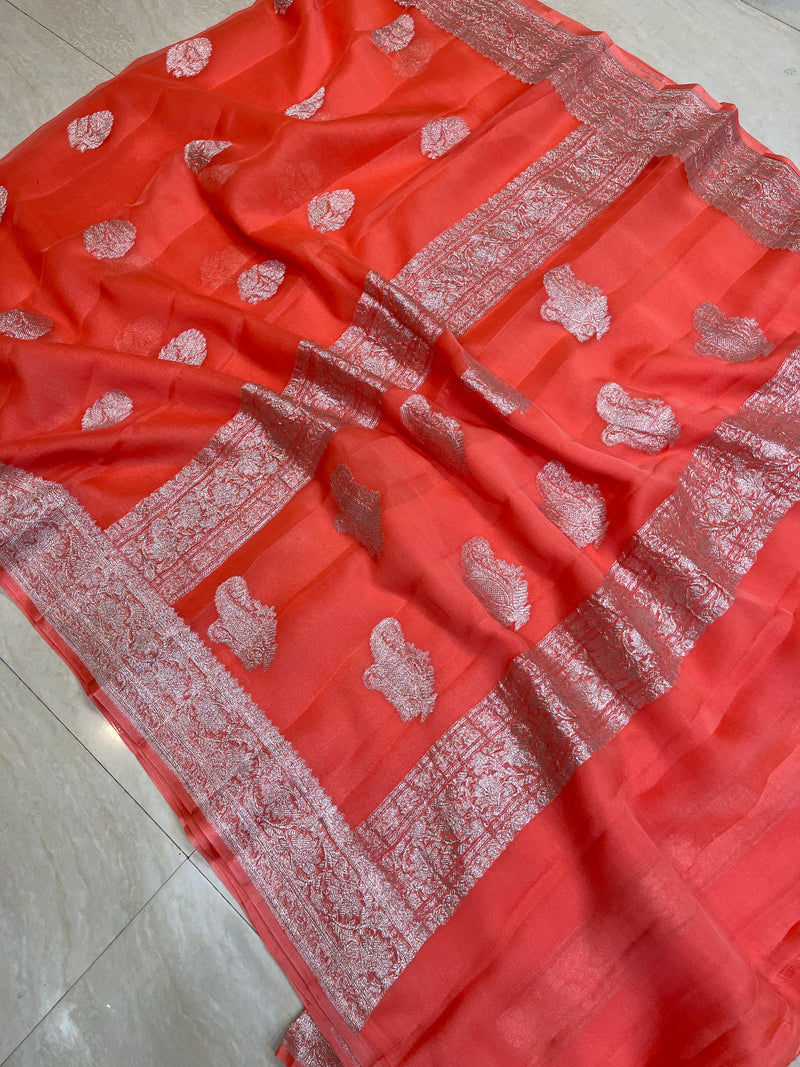 Peach Pure Georgette Banarasi Handloom Saree - The Handlooms