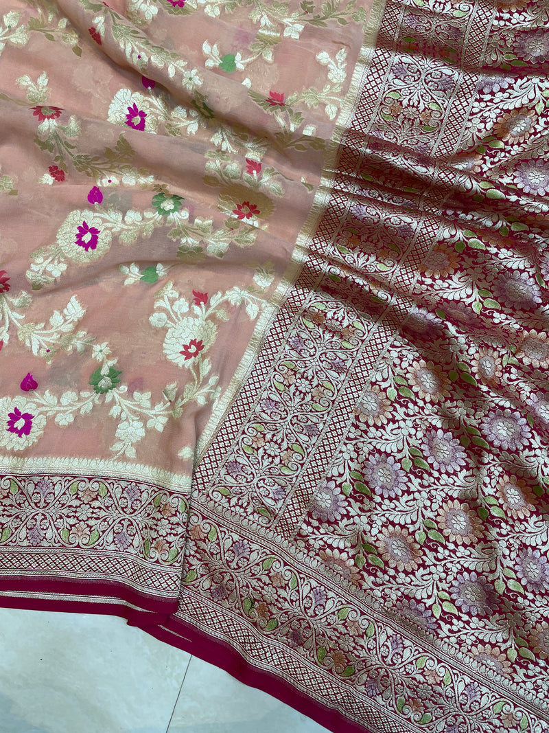 Khaddi Georgette Handloom Banarasi Saree - All over Jaal Work with meenakari - The Handlooms