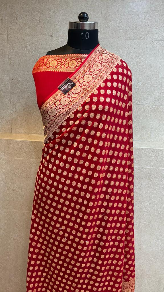 Red Khaddi Georgette Banarasi Saree -  Gold zari - The Handlooms