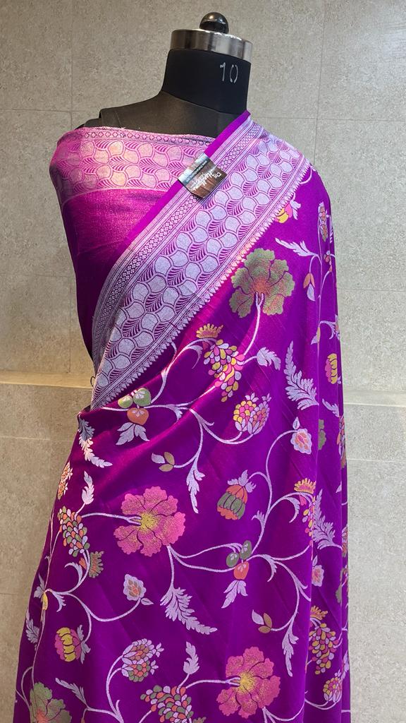 Tussar Georgette Handloom Banarasi Saree - All over Jaal Work with meenakari - The Handlooms