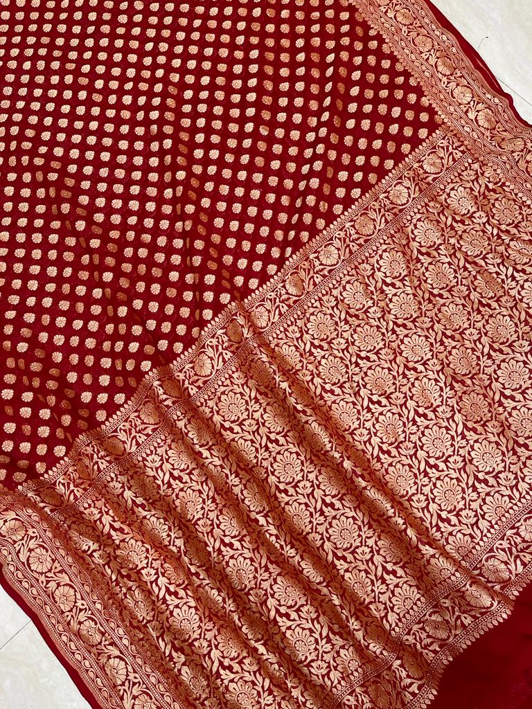 Red Khaddi Georgette Banarasi Saree -  Gold zari - The Handlooms