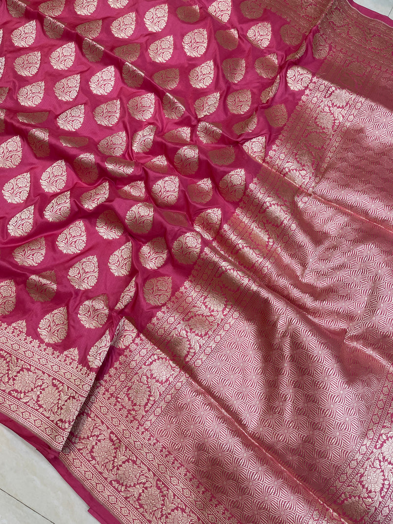Strawberry Pink Pure Katan Silk Banarasi Handloom Saree - All over Jaal work - The Handlooms