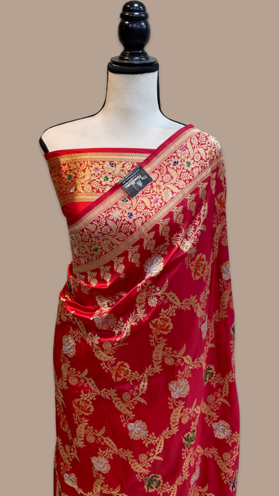 Red Pure Katan Silk Banarasi Handloom Saree - All over Sona Roopa kadiyal Jaal work