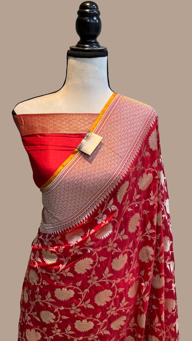 Red Pure Katan Silk Banarasi Handloom Saree - All over Jaal work