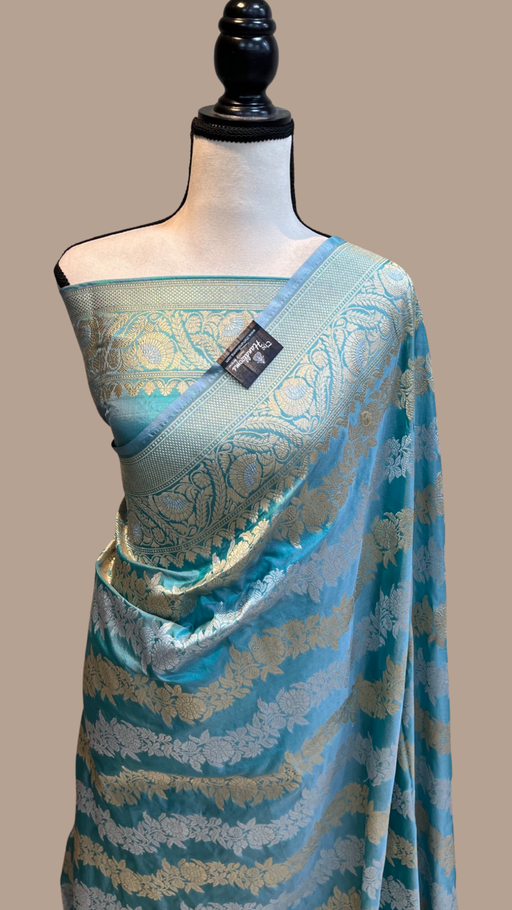 Aqua Blue Pure Katan Silk Banarasi Handloom Saree - All Over Sona Roopa Work - The Handlooms