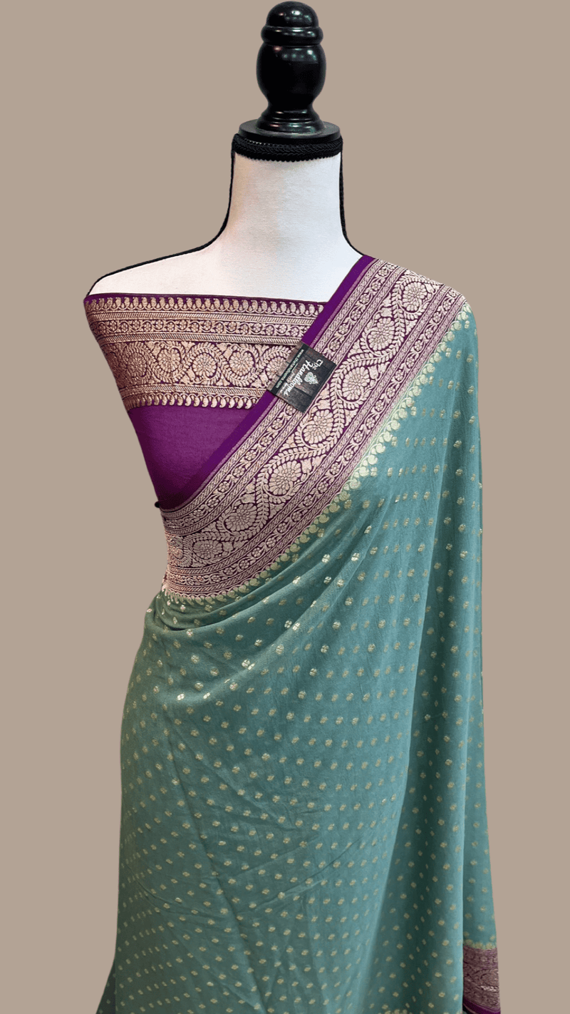 Khaddi Georgette Handloom Banarasi Saree - Gold Zari - The Handlooms