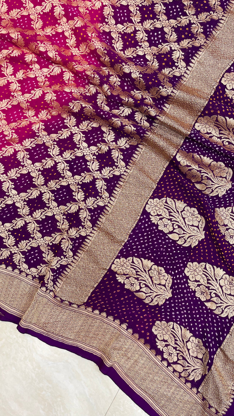Pure Georgette Banarasi Bandhej Handloom Dupatta - Dual Shade - The Handlooms