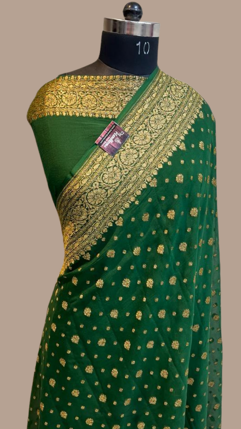 Green Khaddi Georgette Banarasi Saree -  Antique zari - The Handlooms